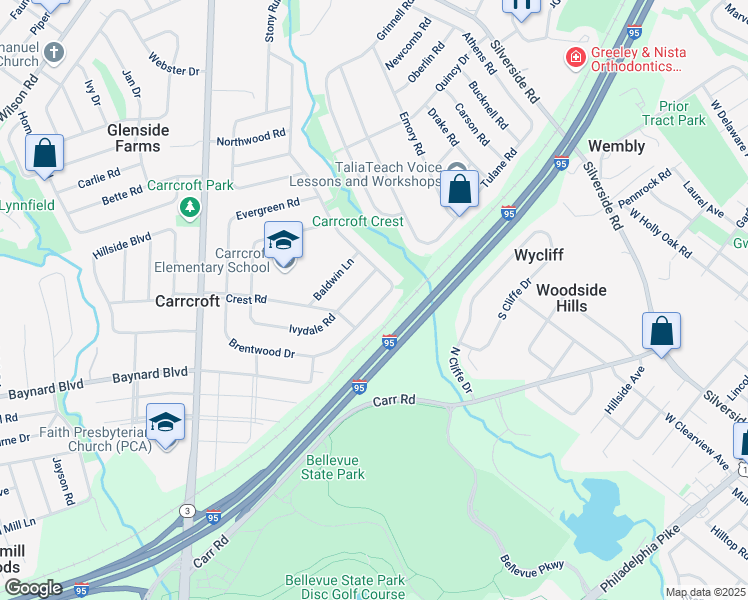 map of restaurants, bars, coffee shops, grocery stores, and more near 1206 Lakewood Drive in Wilmington