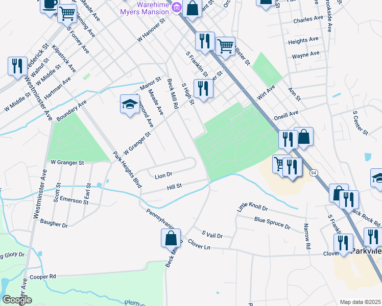 map of restaurants, bars, coffee shops, grocery stores, and more near 97 Lion Drive in Hanover