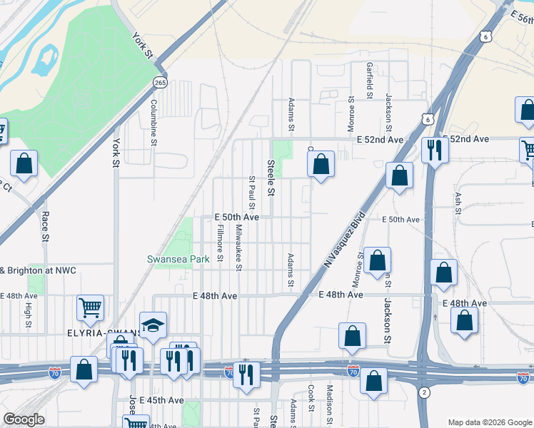 map of restaurants, bars, coffee shops, grocery stores, and more near 5001 Steele Street in Denver