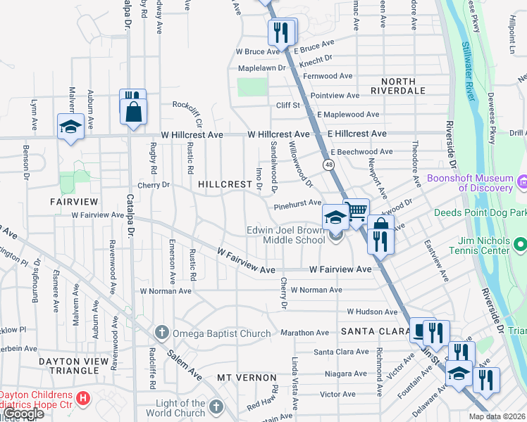 map of restaurants, bars, coffee shops, grocery stores, and more near 421 Cherry Drive in Dayton