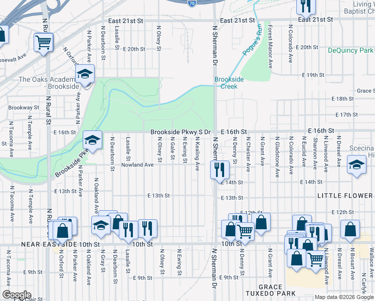 map of restaurants, bars, coffee shops, grocery stores, and more near 1505 North Ewing Street in Indianapolis