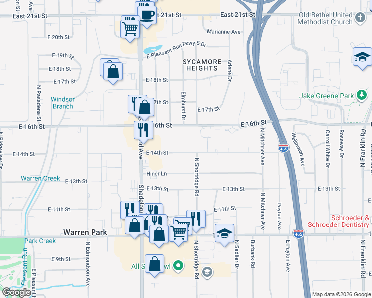 map of restaurants, bars, coffee shops, grocery stores, and more near 7112 East 14th Street in Indianapolis