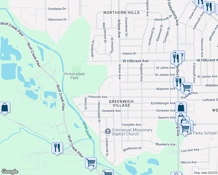 map of restaurants, bars, coffee shops, grocery stores, and more near 2020 Val Vista Court in Dayton
