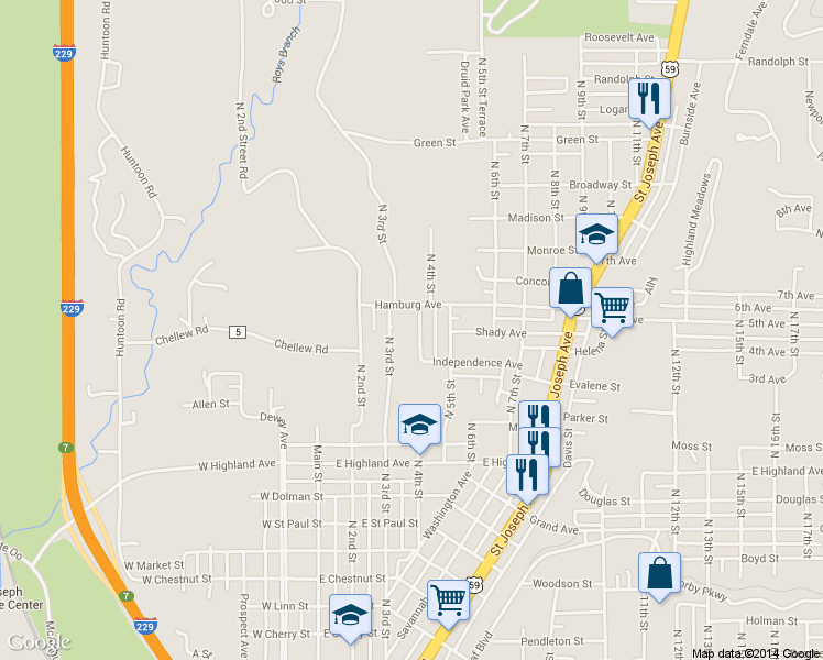 map of restaurants, bars, coffee shops, grocery stores, and more near 2516 North 4th Street in St. Joseph