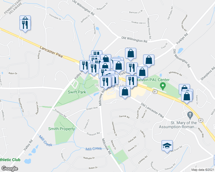 map of restaurants, bars, coffee shops, grocery stores, and more near 4399 Millcreek Road in Hockessin