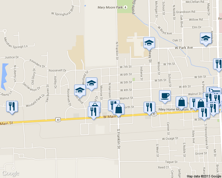 map of restaurants, bars, coffee shops, grocery stores, and more near 1028 West 4th Street in Greenfield