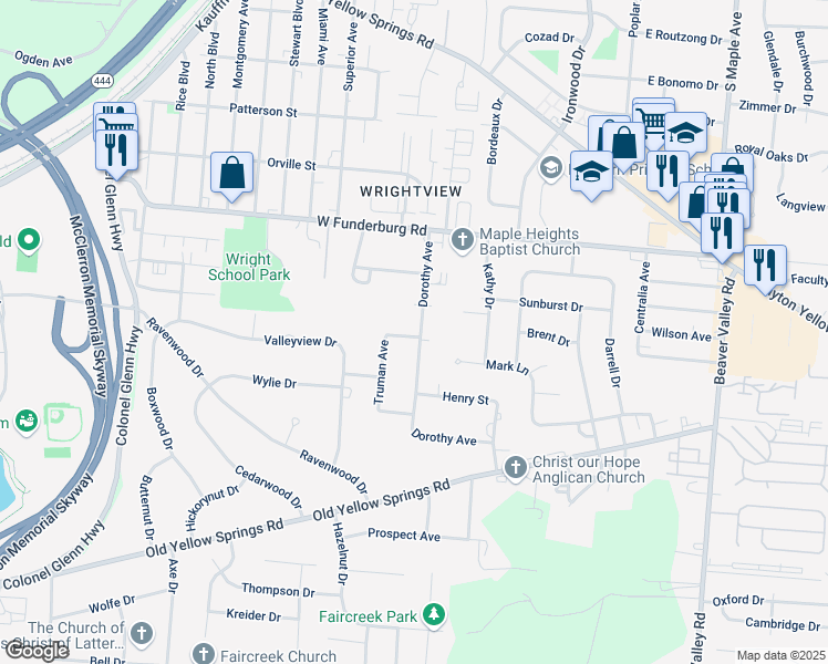map of restaurants, bars, coffee shops, grocery stores, and more near 215 North Drive in Fairborn