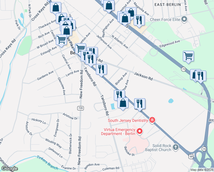 map of restaurants, bars, coffee shops, grocery stores, and more near 264 South White Horse Pike in Berlin