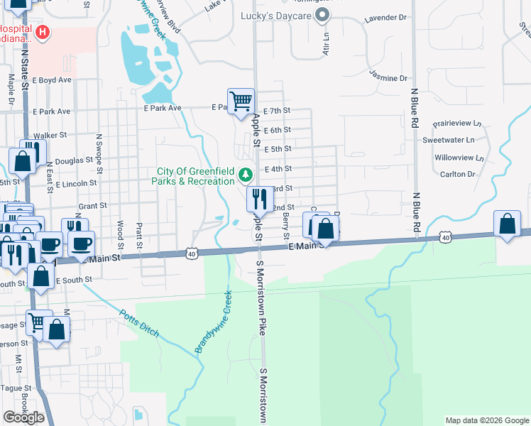 map of restaurants, bars, coffee shops, grocery stores, and more near 1013 East 2nd Street in Greenfield