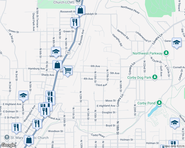map of restaurants, bars, coffee shops, grocery stores, and more near 1226 5th Avenue in Saint Joseph