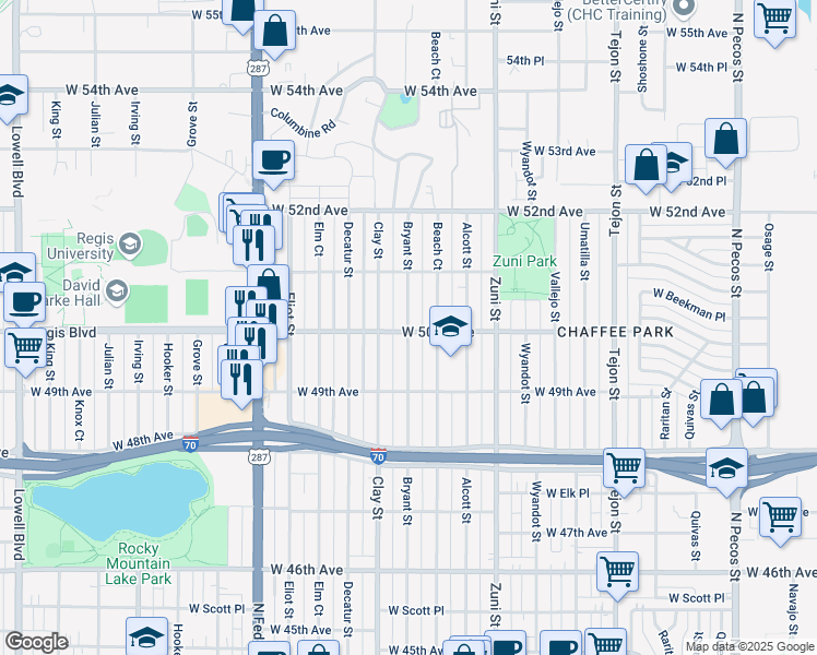 map of restaurants, bars, coffee shops, grocery stores, and more near 5001 Bryant Street in Denver