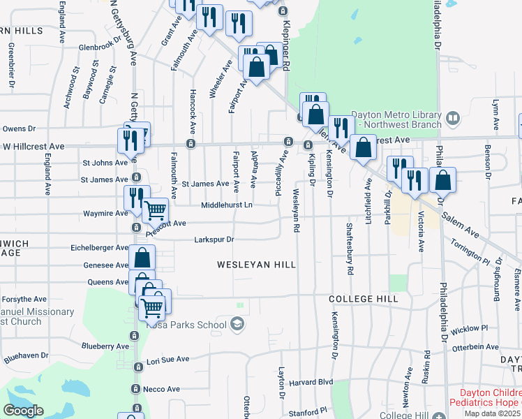 map of restaurants, bars, coffee shops, grocery stores, and more near 3926 Middlehurst Lane in Dayton