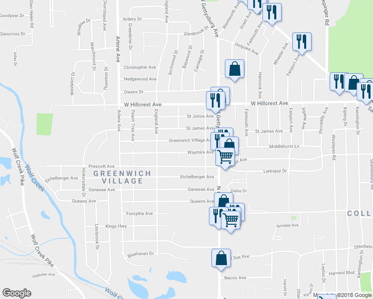 map of restaurants, bars, coffee shops, grocery stores, and more near 4445 Waymire Avenue in Dayton