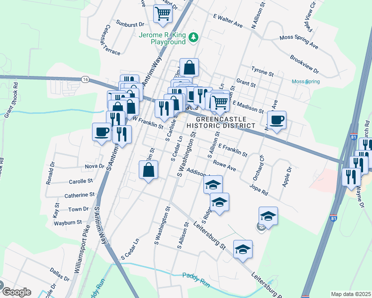 map of restaurants, bars, coffee shops, grocery stores, and more near 145 South Washington Street in Greencastle