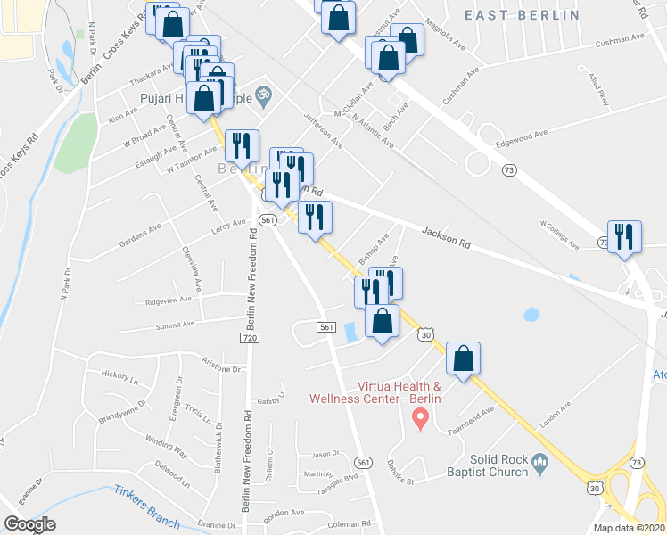 map of restaurants, bars, coffee shops, grocery stores, and more near 264 South White Horse Pike in Berlin Township