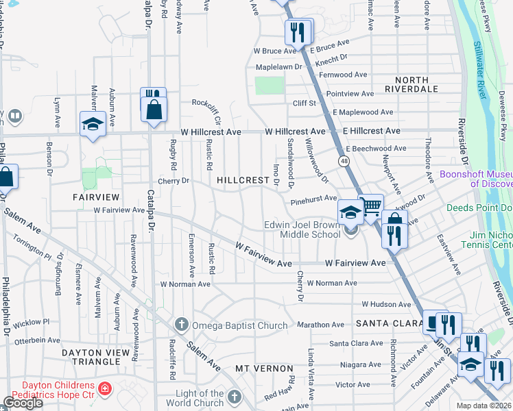 map of restaurants, bars, coffee shops, grocery stores, and more near 153 Valleyview Drive in Dayton