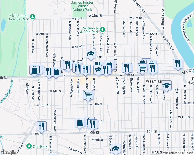 map of restaurants, bars, coffee shops, grocery stores, and more near 3317 West 16th Street in Indianapolis