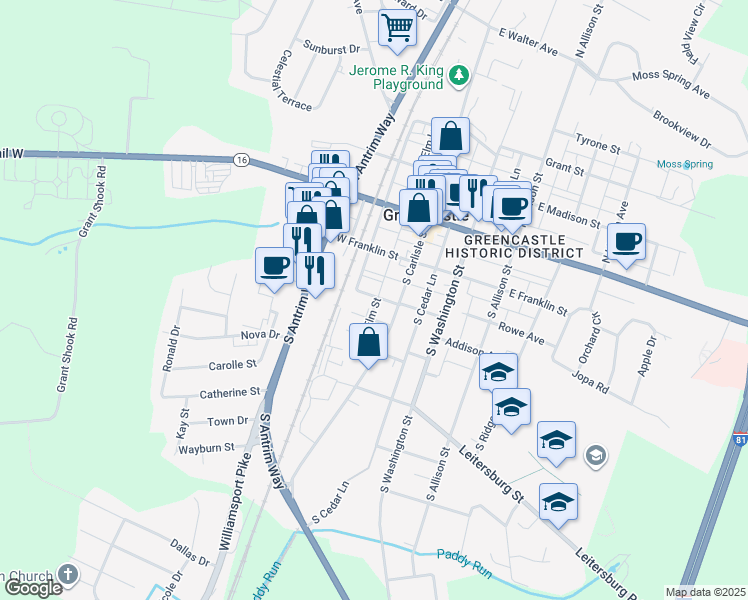map of restaurants, bars, coffee shops, grocery stores, and more near 34 West Dahlgren Street in Greencastle