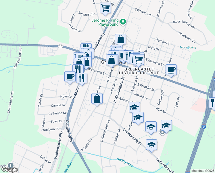 map of restaurants, bars, coffee shops, grocery stores, and more near 158 South Carlisle Street in Greencastle