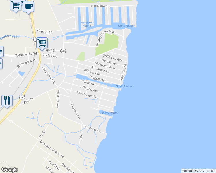 map of restaurants, bars, coffee shops, grocery stores, and more near 9 Liberty Street in Ocean Township