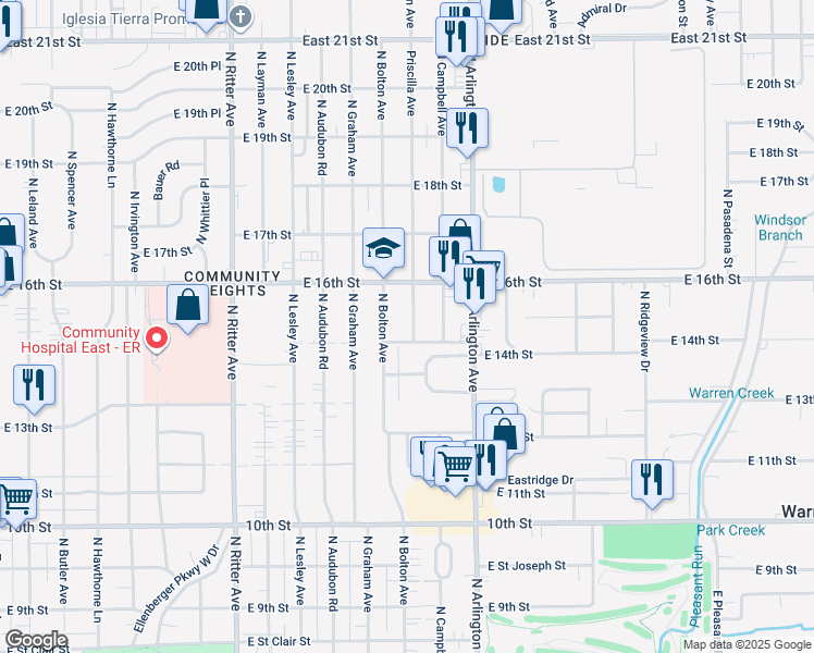 map of restaurants, bars, coffee shops, grocery stores, and more near 1414 Priscilla Avenue in Indianapolis