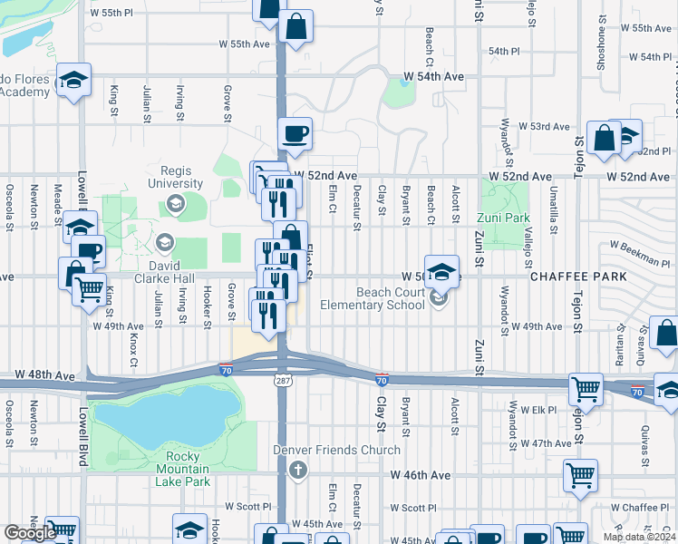 map of restaurants, bars, coffee shops, grocery stores, and more near 5000 Elm Court in Denver