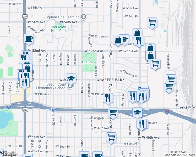 map of restaurants, bars, coffee shops, grocery stores, and more near 2141 West 50th Avenue in Denver