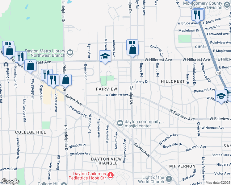 map of restaurants, bars, coffee shops, grocery stores, and more near 1025 W Fairview Ave in Dayton