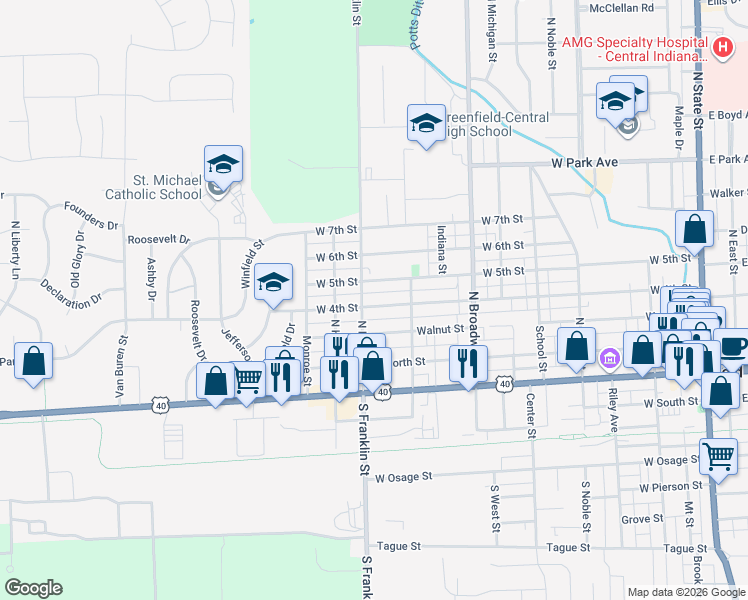 map of restaurants, bars, coffee shops, grocery stores, and more near 944 West 4th Street in Greenfield