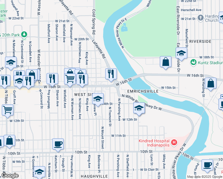 map of restaurants, bars, coffee shops, grocery stores, and more near 1453 North Tremont Street in Indianapolis