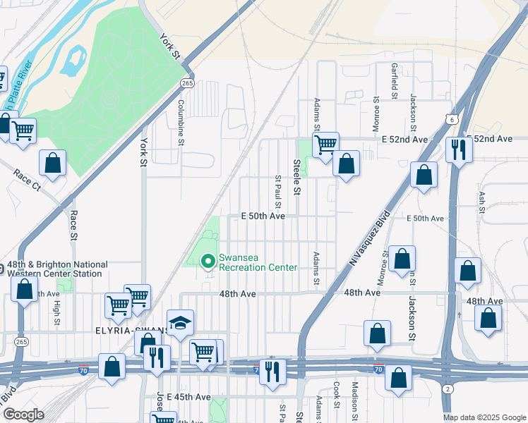 map of restaurants, bars, coffee shops, grocery stores, and more near 5000 Milwaukee Street in Denver