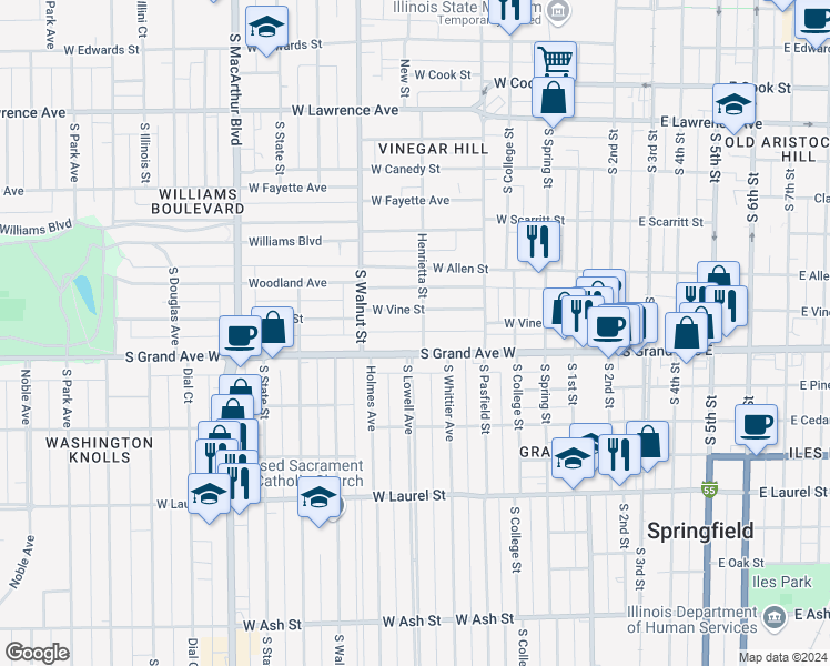 map of restaurants, bars, coffee shops, grocery stores, and more near 1221 Henrietta Street in Springfield