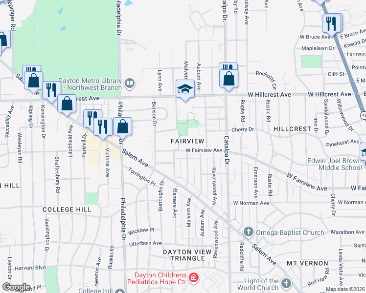 map of restaurants, bars, coffee shops, grocery stores, and more near 1207 West Fairview Avenue in Dayton