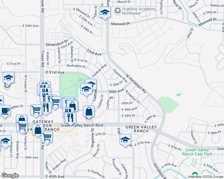 map of restaurants, bars, coffee shops, grocery stores, and more near 19617 50th Avenue in Denver