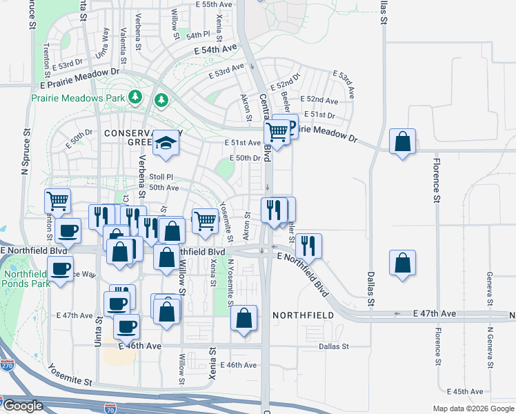 map of restaurants, bars, coffee shops, grocery stores, and more near 4977 Central Park Boulevard in Denver