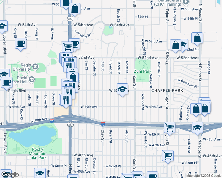 map of restaurants, bars, coffee shops, grocery stores, and more near 5001 Bryant Street in Denver