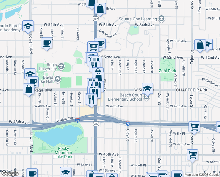 map of restaurants, bars, coffee shops, grocery stores, and more near 5000 Elm Court in Denver