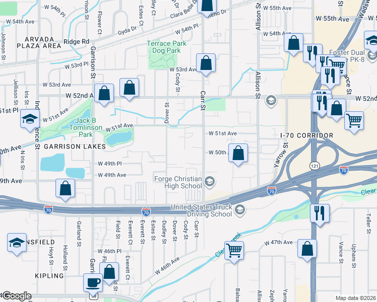 map of restaurants, bars, coffee shops, grocery stores, and more near 5009 Carr Street in Arvada