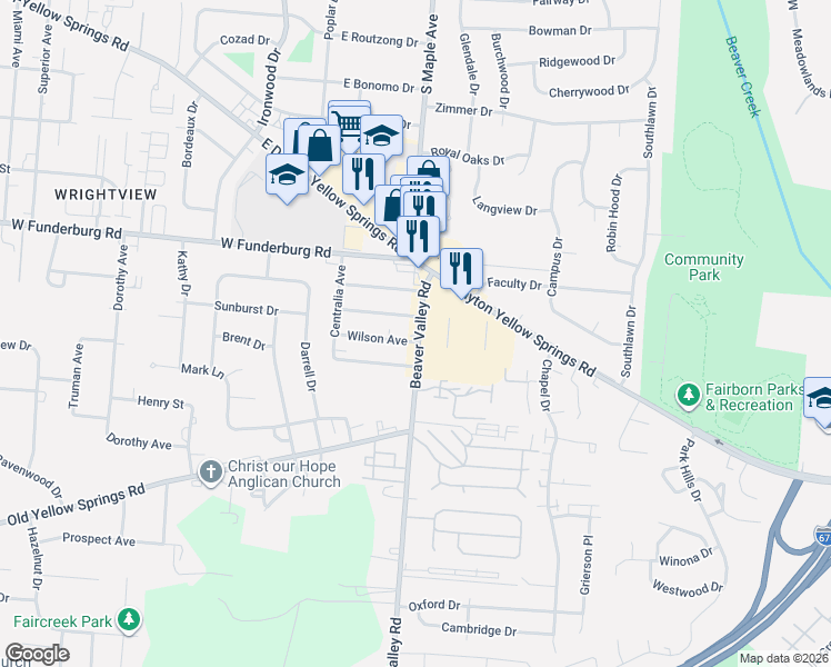 map of restaurants, bars, coffee shops, grocery stores, and more near 1979 Beaver Valley Road in Fairborn