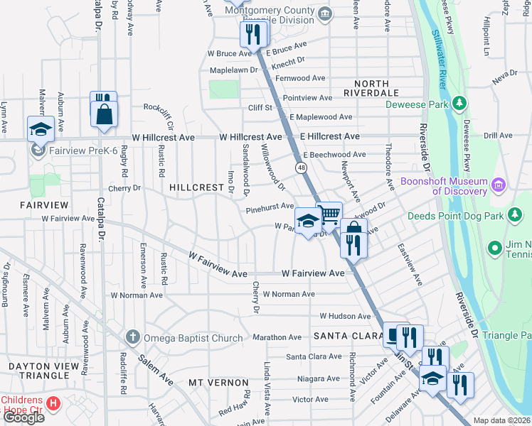 map of restaurants, bars, coffee shops, grocery stores, and more near 52 Pinehurst Avenue in Dayton