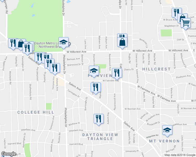 map of restaurants, bars, coffee shops, grocery stores, and more near 1207 West Fairview Avenue in Dayton