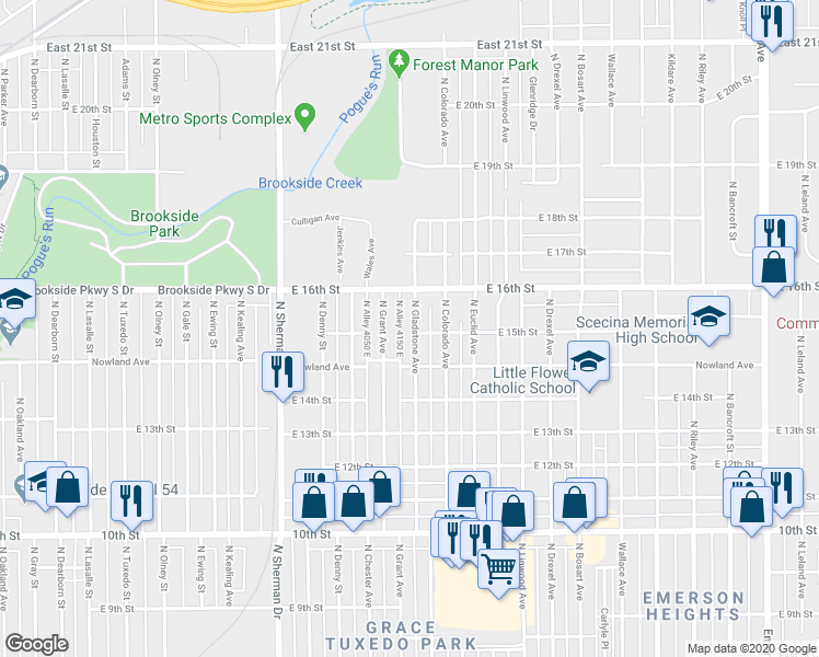 map of restaurants, bars, coffee shops, grocery stores, and more near 1504 North Gladstone Avenue in Indianapolis