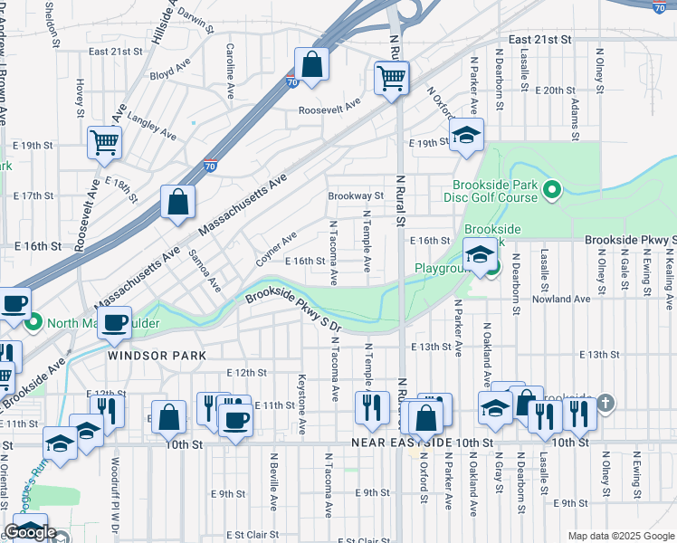 map of restaurants, bars, coffee shops, grocery stores, and more near 1521 North Tacoma Avenue in Indianapolis