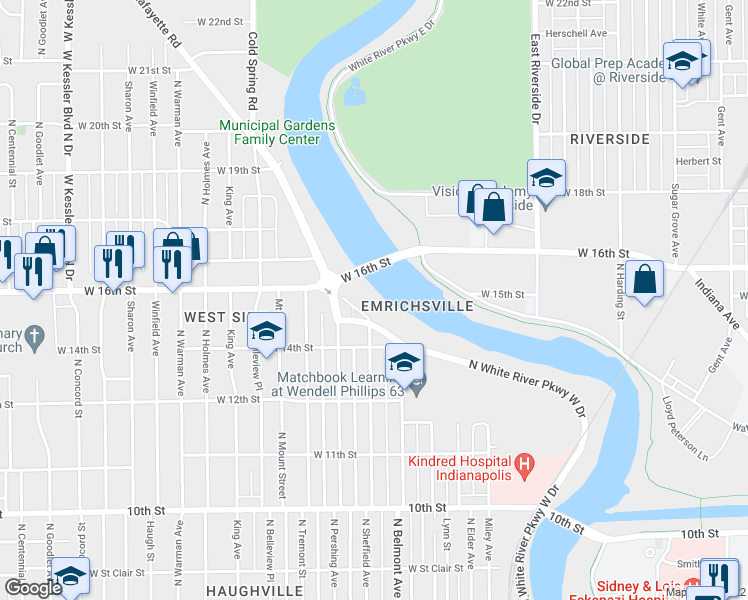 map of restaurants, bars, coffee shops, grocery stores, and more near 2215 West 16th Street in Indianapolis