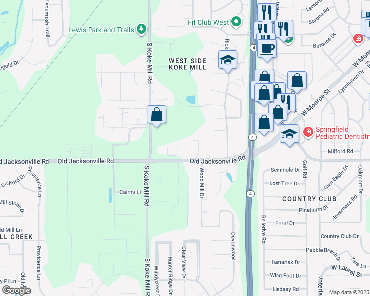 map of restaurants, bars, coffee shops, grocery stores, and more near 3100-3198 Wakefield Drive in Springfield