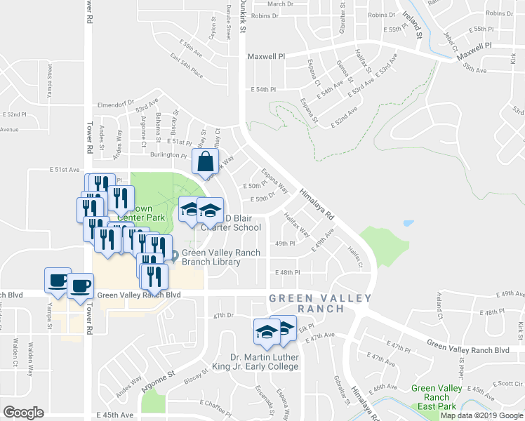 map of restaurants, bars, coffee shops, grocery stores, and more near 19617 50th Avenue in Denver