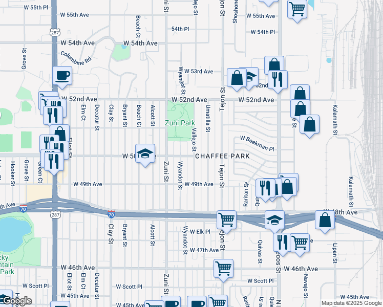 map of restaurants, bars, coffee shops, grocery stores, and more near 5001 Vallejo Street in Denver