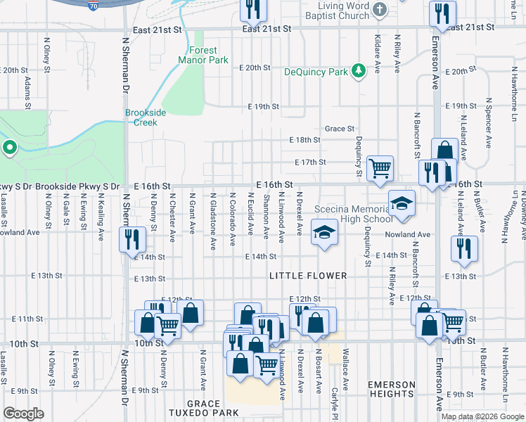 map of restaurants, bars, coffee shops, grocery stores, and more near 1502 Shannon Avenue in Indianapolis