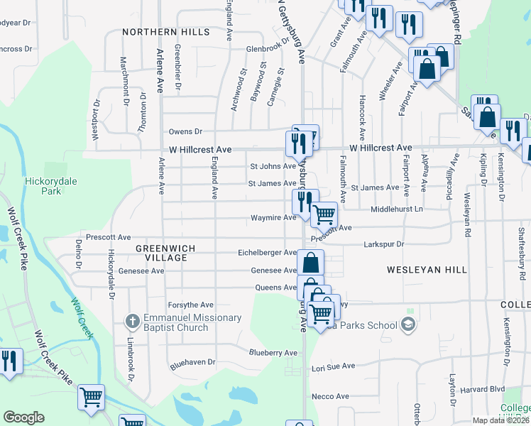 map of restaurants, bars, coffee shops, grocery stores, and more near 4445 Waymire Avenue in Dayton