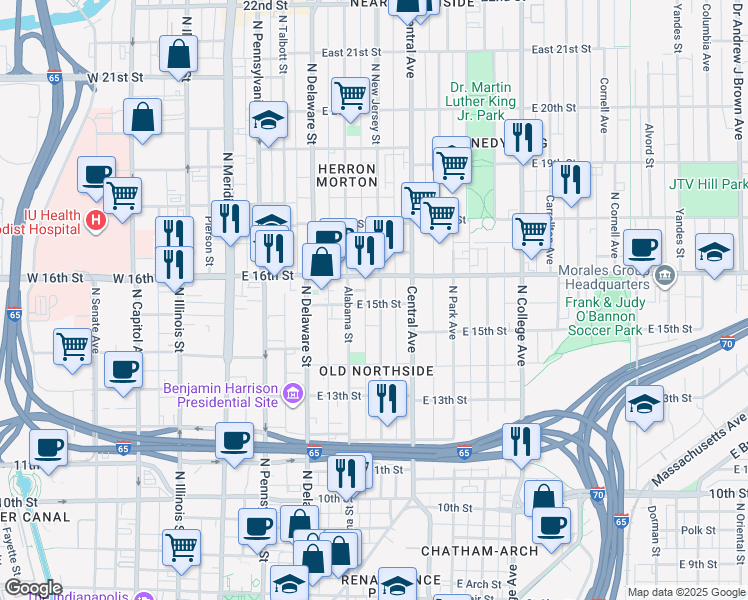 map of restaurants, bars, coffee shops, grocery stores, and more near 1502 North New Jersey Street in Indianapolis